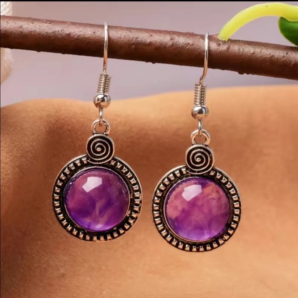 Silver Plated Purple Stone Vintage Boho Drop Earrings